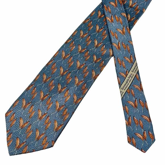 Ermenegildo zegna Silk Tie Necktie Blue With Orange Leaf - Picture 1 of 7